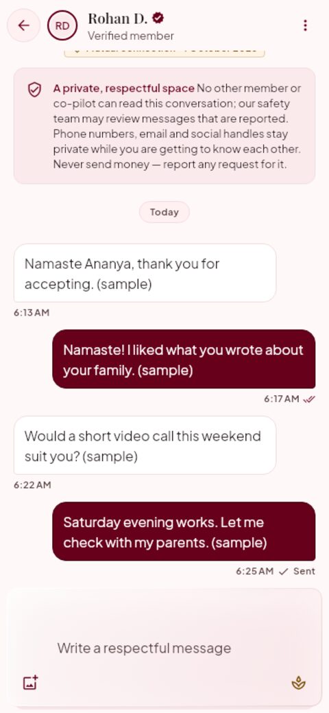 JeevanJodi chat screen showing a sample conversation between two connected members.