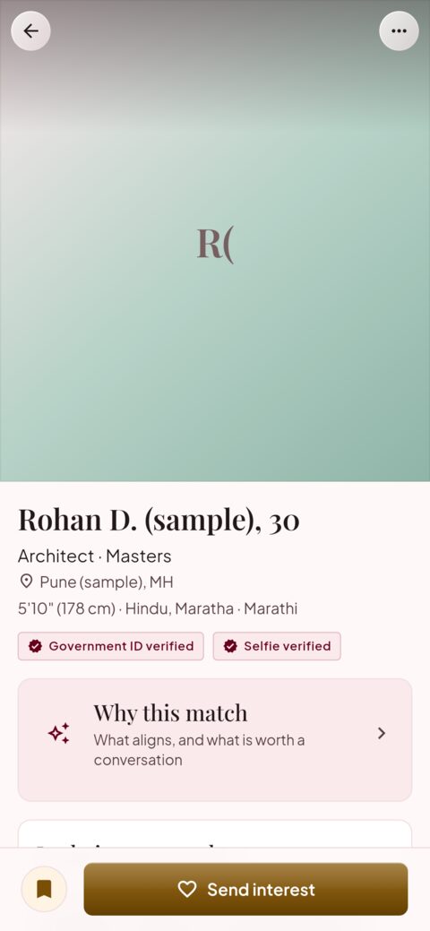 JeevanJodi sample profile showing the Government ID verified and Selfie verified badges.