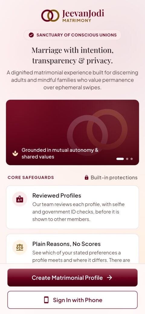 JeevanJodi welcome screen with the options to create a matrimonial profile or sign in with a phone number.
